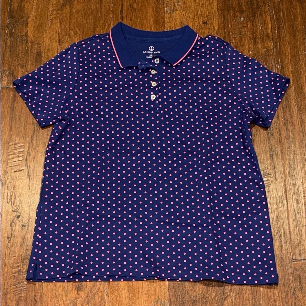 Brand New! Medium Lands' End Polo Shirt - Navy and Pink Dots